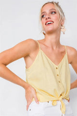 Lemon Yellow V-Neck Button Down Cami Top with Tie Front