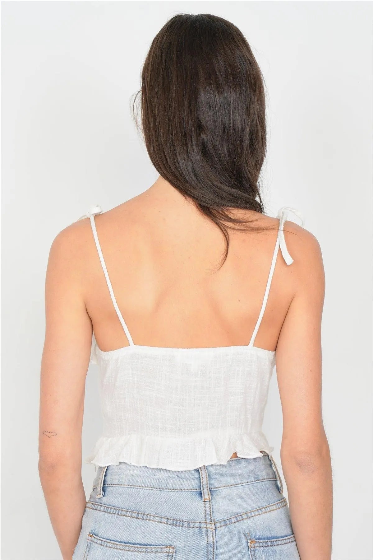 Off-White Cotton Self-Tie Cami Top with Bow Cut-Out and Frill Trim