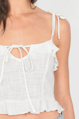 Off-White Cotton Self-Tie Cami Top with Bow Cut-Out and Frill Trim
