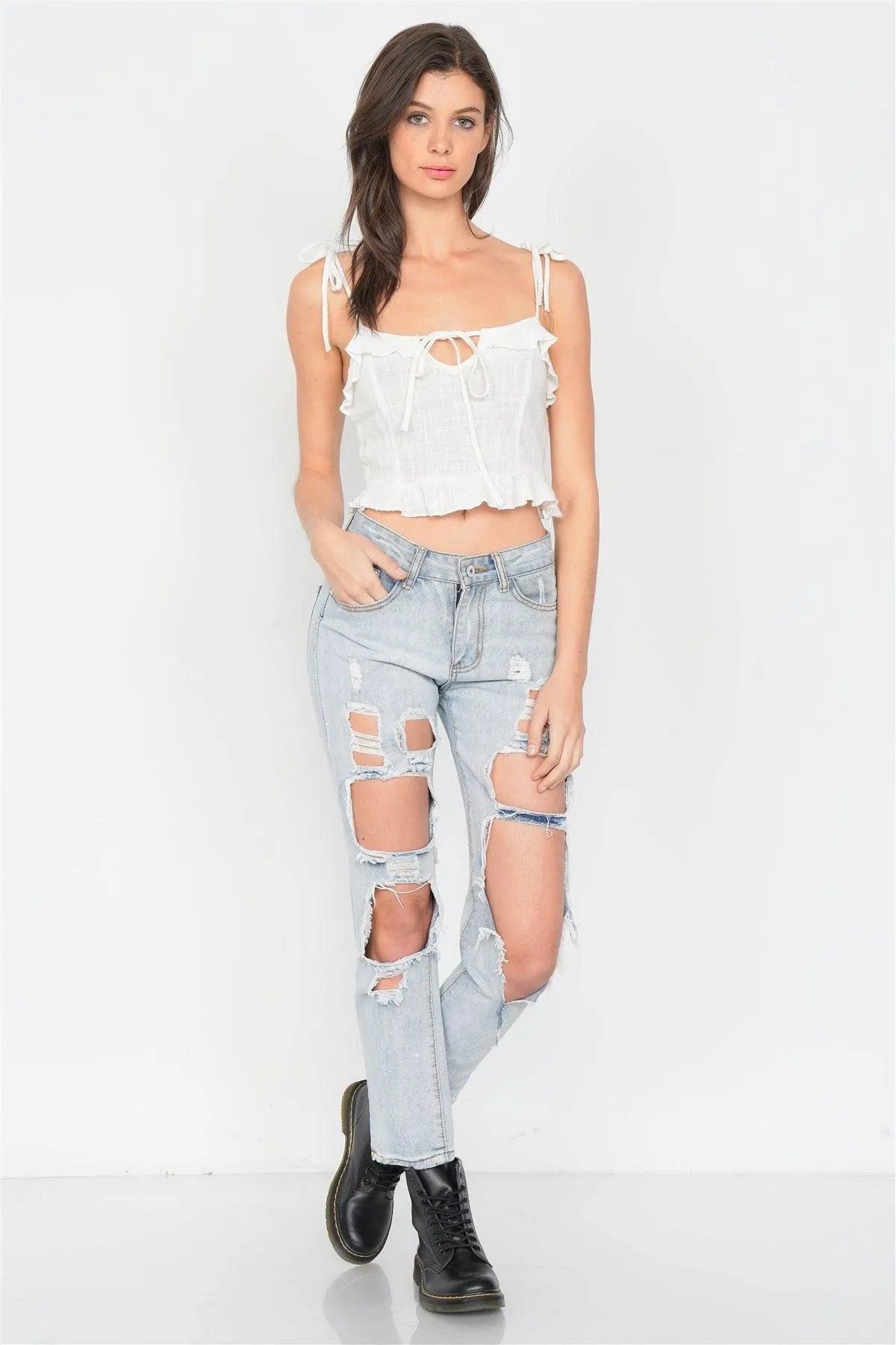 Off-White Cotton Self-Tie Cami Top with Bow Cut-Out and Frill Trim