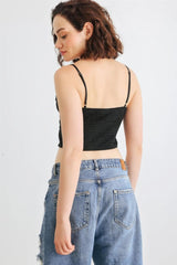 Black Satin Lace Sleeveless V-Neck Crop Top with Smocked Back