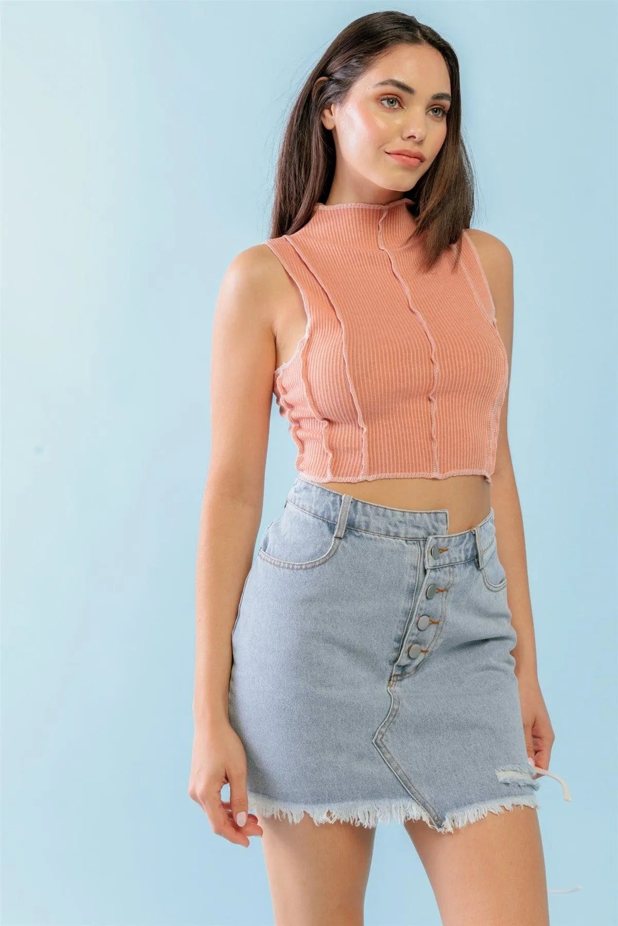 Dark Peach Ribbed Sleeveless Mock Neck Crop Top with Inside-Out Detail