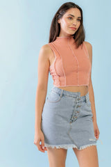 Dark Peach Ribbed Sleeveless Mock Neck Crop Top with Inside-Out Detail