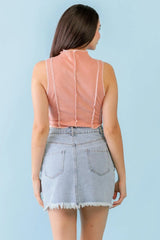 Dark Peach Ribbed Sleeveless Mock Neck Crop Top with Inside-Out Detail