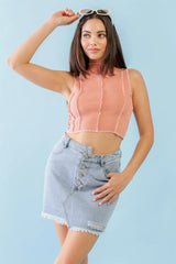 Dark Peach Ribbed Sleeveless Mock Neck Crop Top with Inside-Out Detail