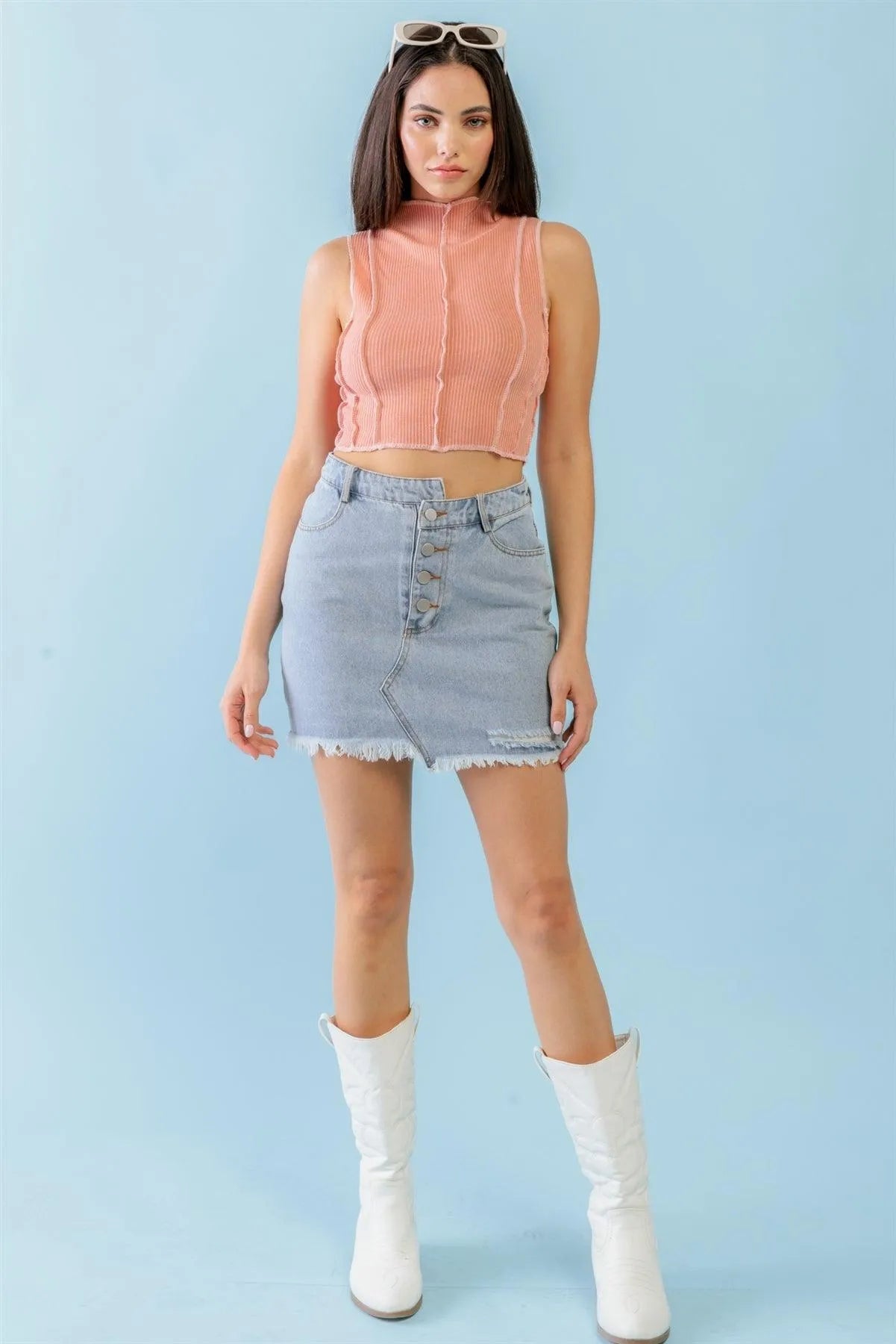 Dark Peach Ribbed Sleeveless Mock Neck Crop Top with Inside-Out Detail