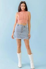 Dark Peach Ribbed Sleeveless Mock Neck Crop Top with Inside-Out Detail