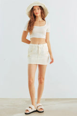 Off-White Round Neck Short Sleeve Crop Top