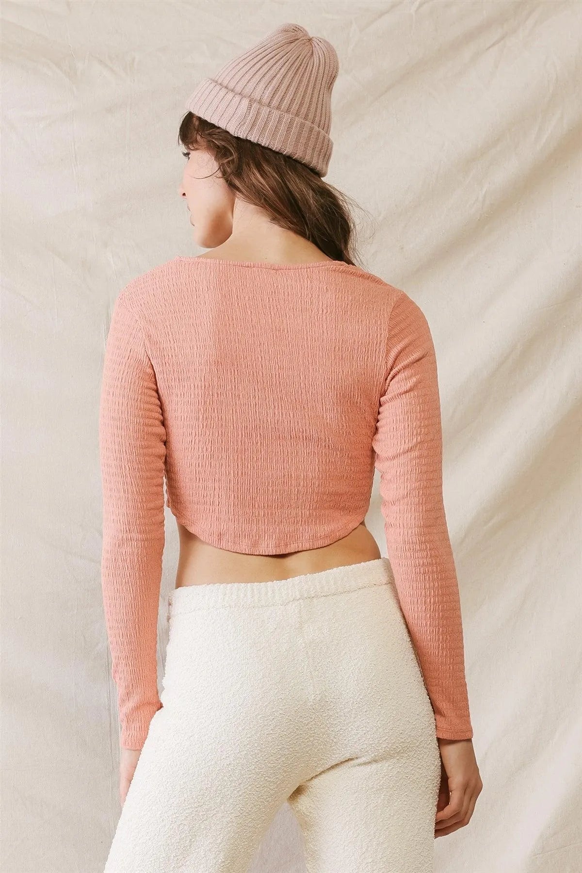 Peach Textured Long Sleeve Crop Top with Curved Hem