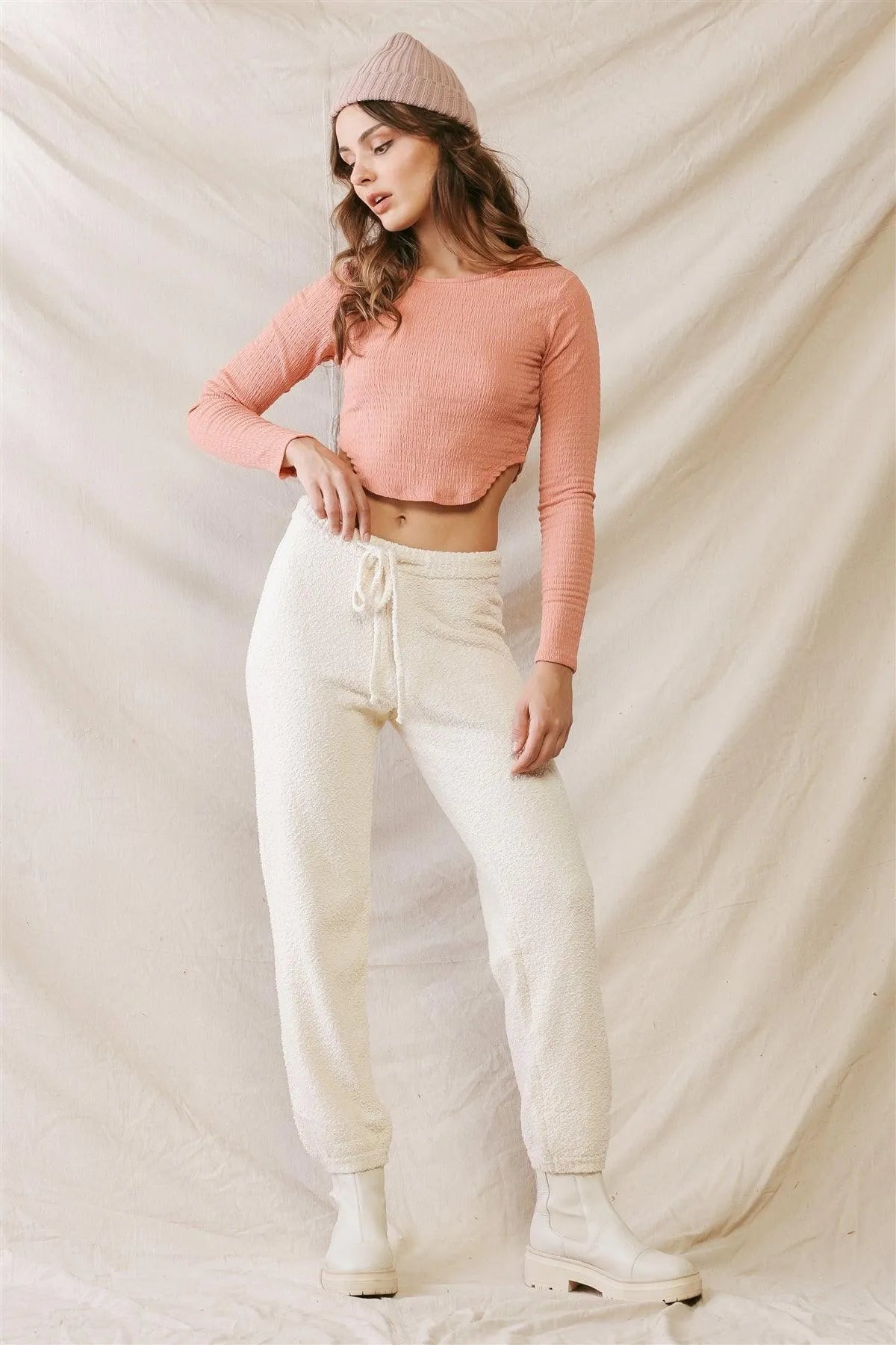 Peach Textured Long Sleeve Crop Top with Curved Hem
