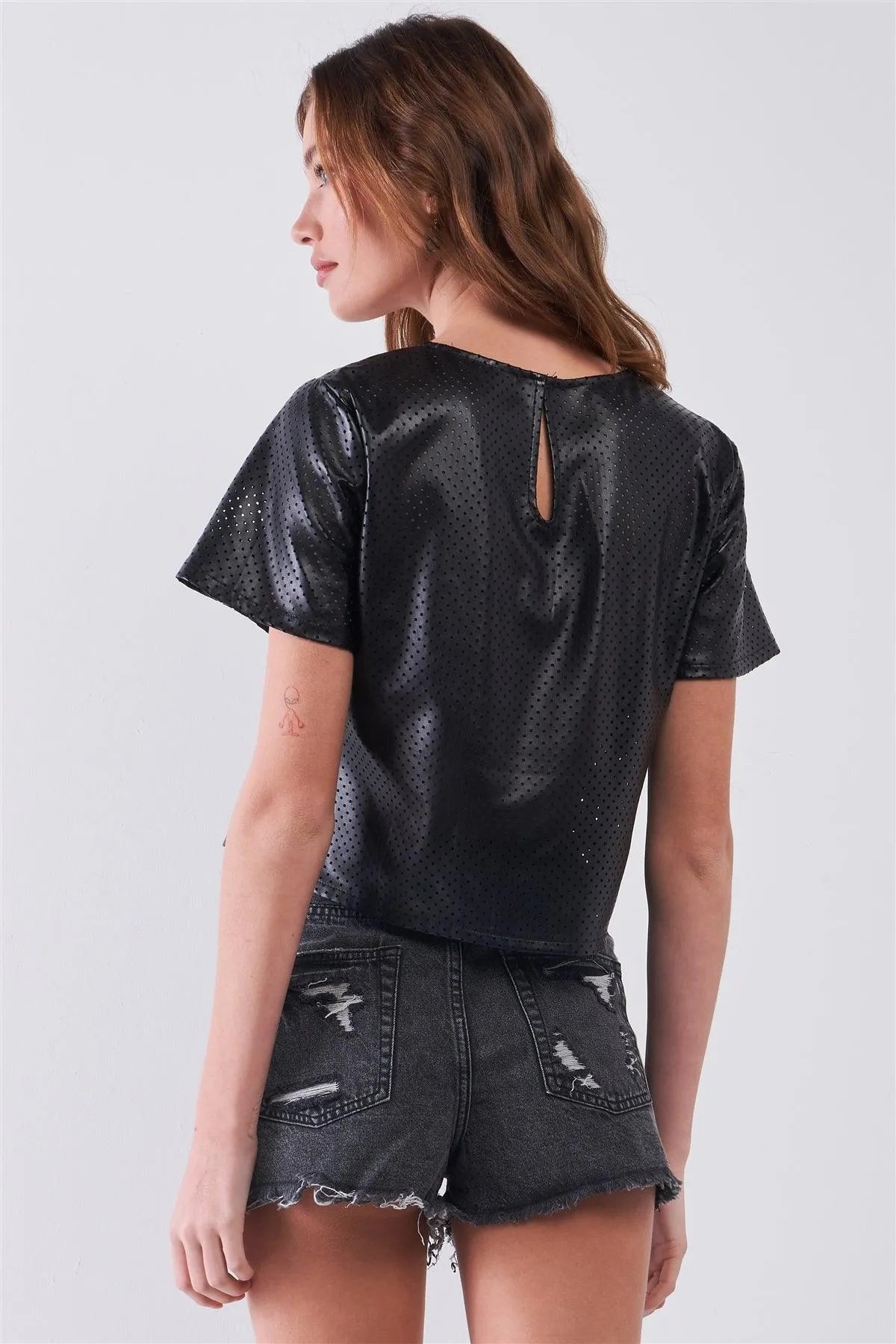 Black Vegan Leather Round Neck Wide Sleeve Cropped Top with Laser Cut Detail