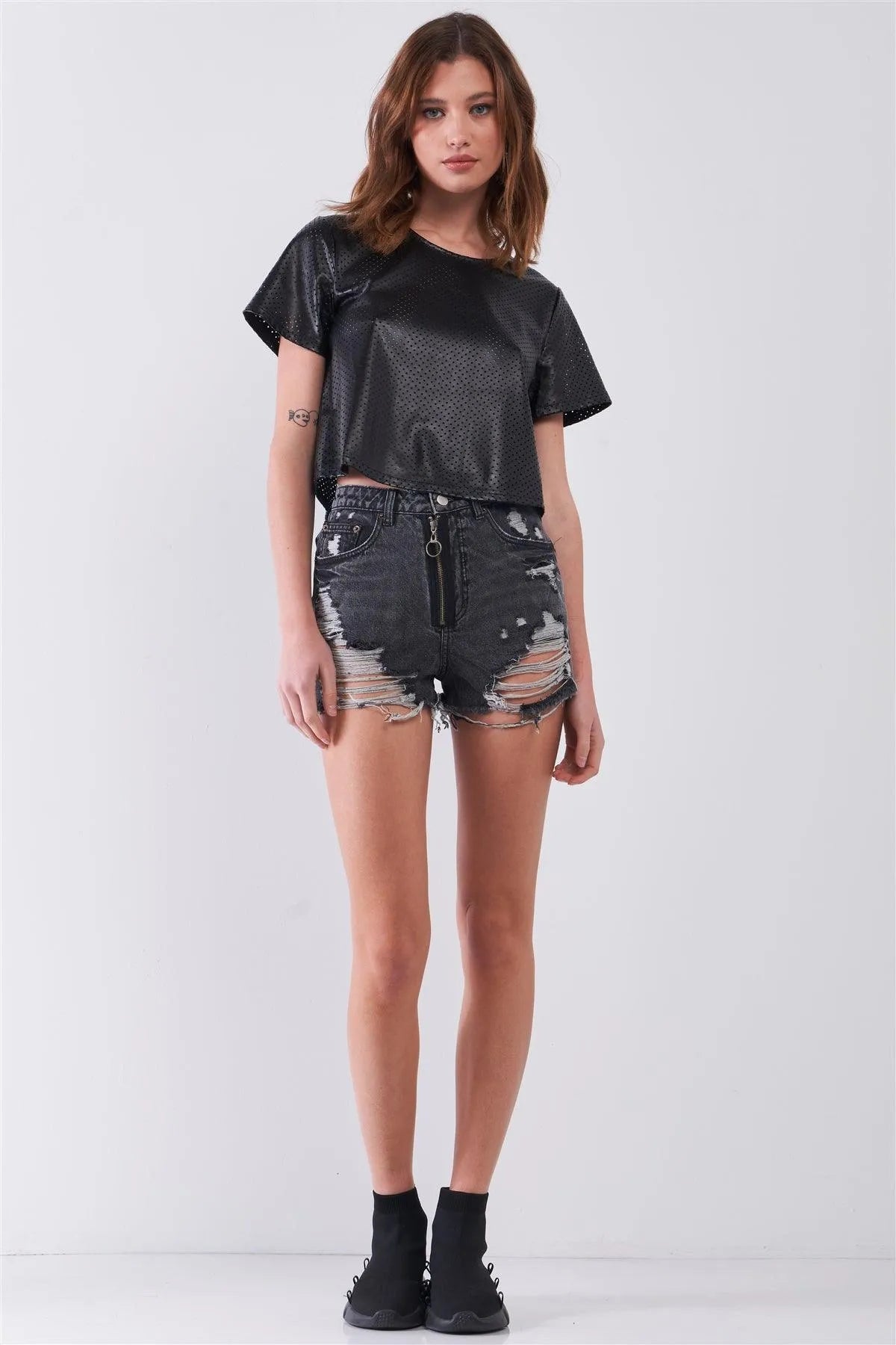 Black Vegan Leather Round Neck Wide Sleeve Cropped Top with Laser Cut Detail