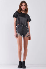 Black Vegan Leather Round Neck Wide Sleeve Cropped Top with Laser Cut Detail