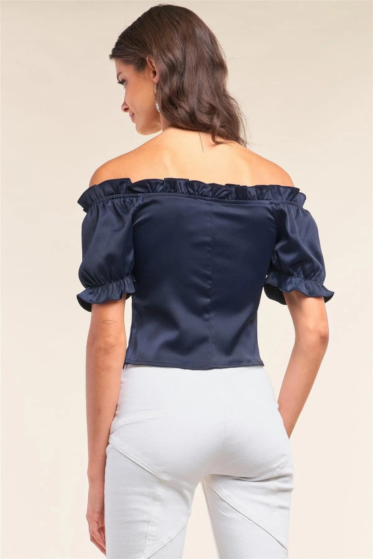 Royal Blue Satin Off-Shoulder Corset Lace-Up Ruffle Top