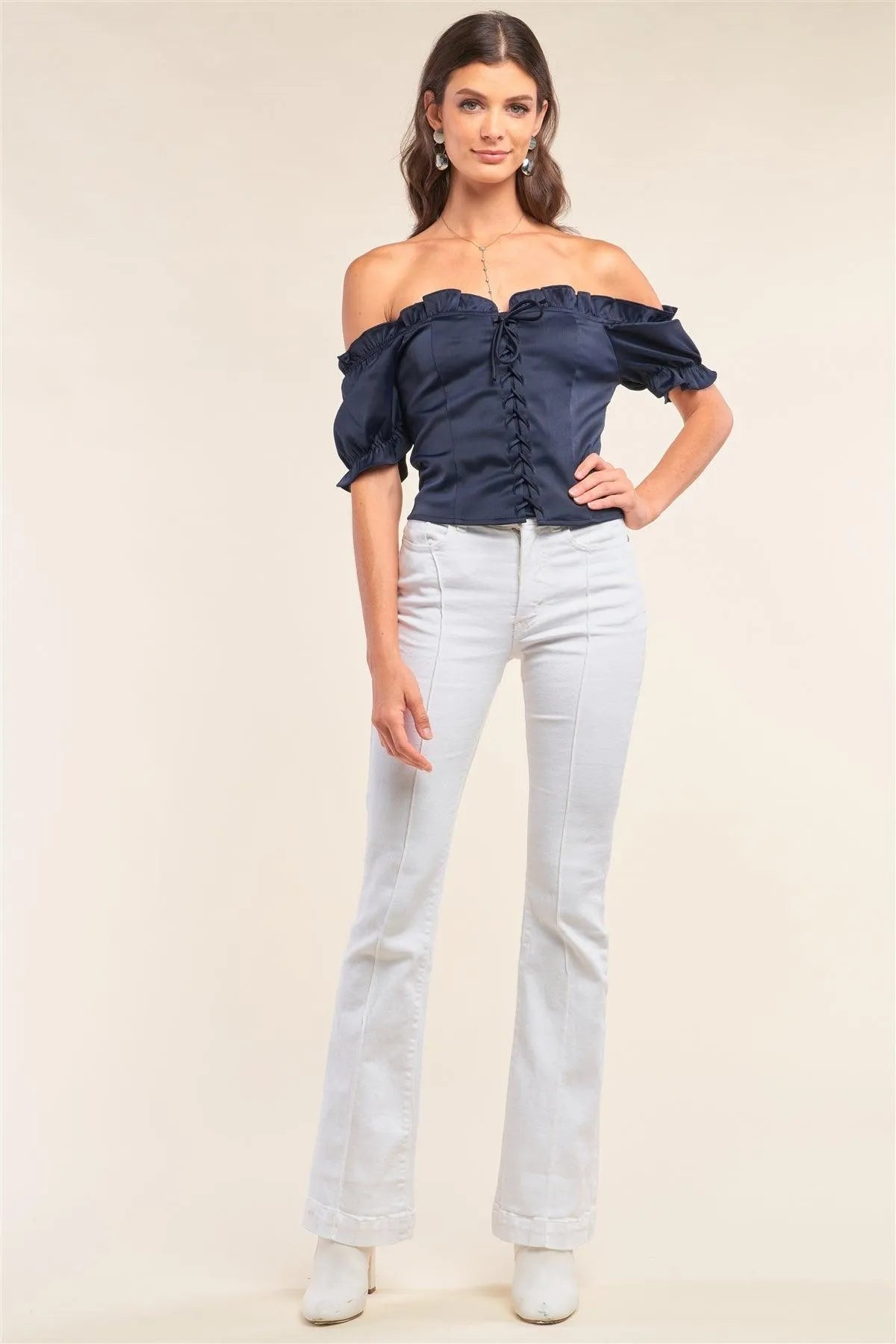 Royal Blue Satin Off-Shoulder Corset Lace-Up Ruffle Top