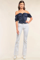 Royal Blue Satin Off-Shoulder Corset Lace-Up Ruffle Top