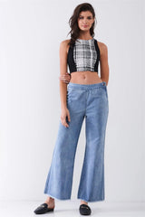 Black & White Sleeveless Plaid Crop Top with Glitter Trim