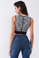 Black & White Knit Trim Sleeveless Round Neck Crop Top with Back Zip