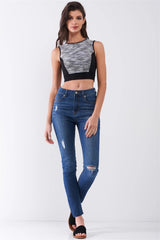Black & White Knit Trim Sleeveless Round Neck Crop Top with Back Zip