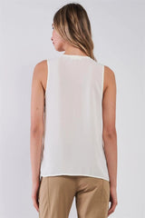 Off-White Sleeveless V-Neck Zip-Up Top – Minimalist Relaxed Fit Blouse