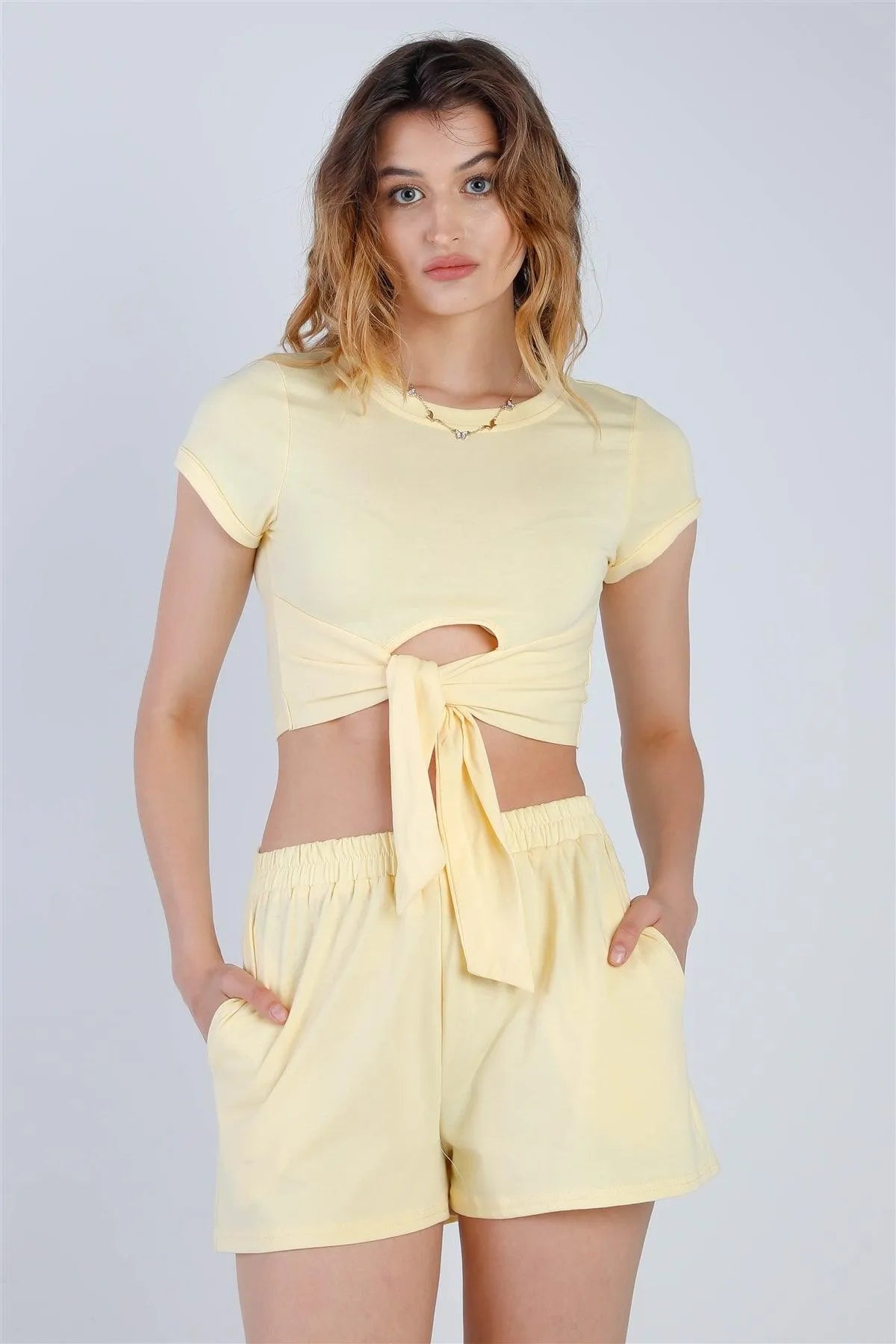Yellow Short Sleeve Crop Top with Tie Hem & High Waist Shorts Set